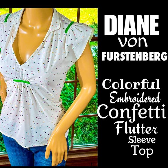 Diane Von Furstenberg Tops - ▪️DIANE VON FURSTENBERG▪️Colorful Embroidered Confetti Flutter Sleeve Blouse Top